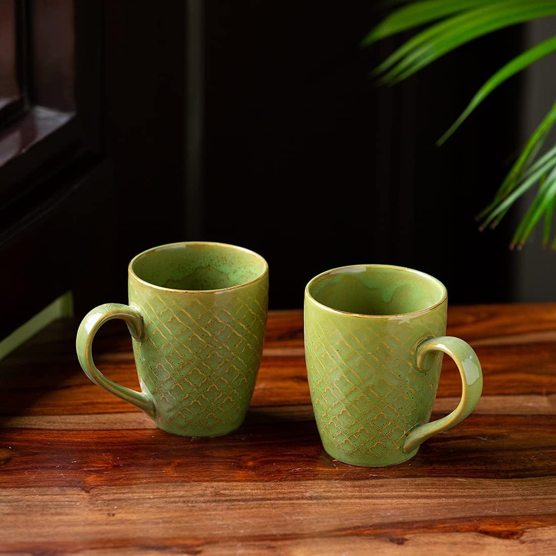 Exotic Green 'Moroccan Turqouise' Hand Glazed & Embossed Ceramic Coffee Mug Set of 2 Ceramic Mugs Tea Mugs