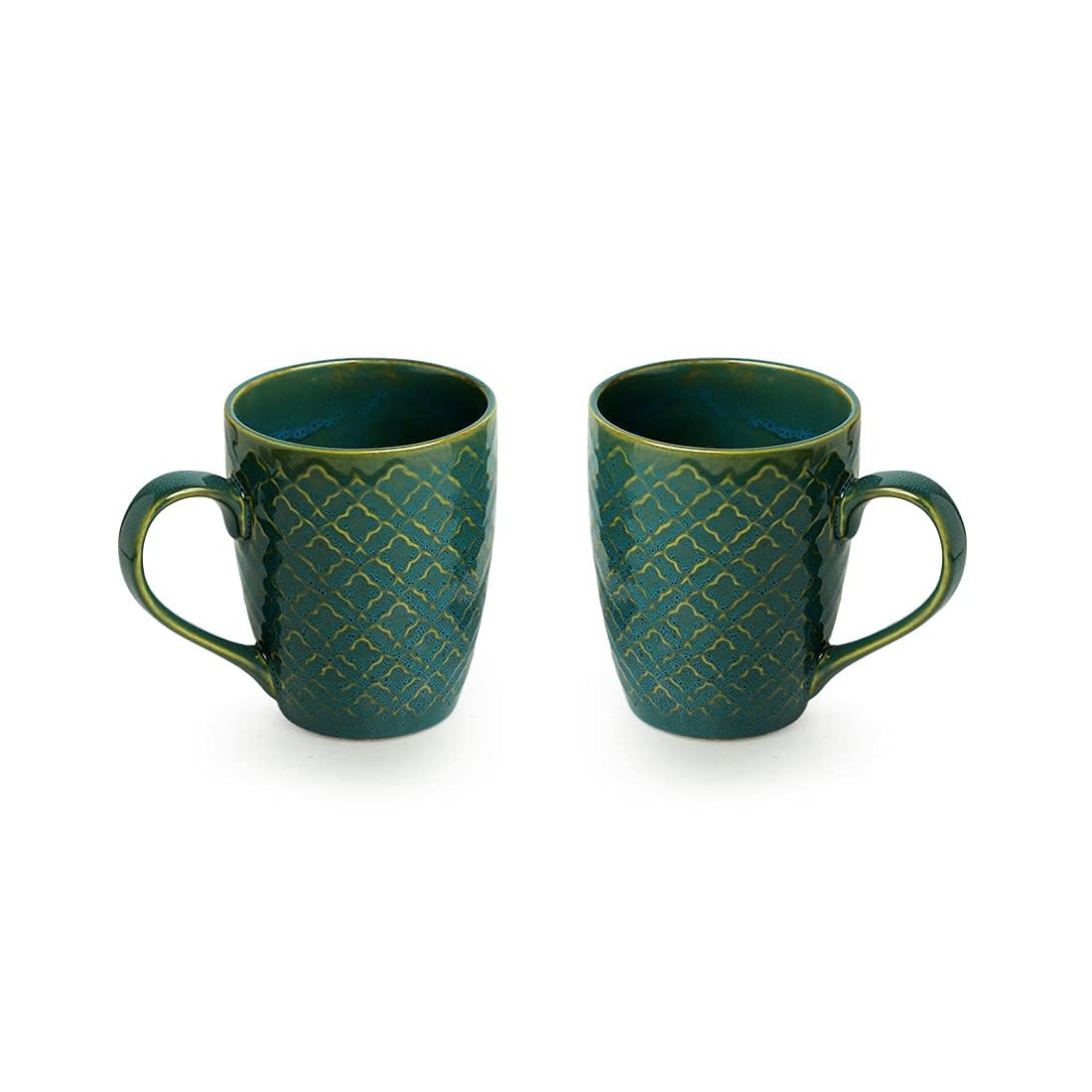 Exotic Green 'Moroccan Turqouise' Hand Glazed & Embossed Ceramic Coffee Mug Set of 2 Ceramic Mugs Tea Mugs