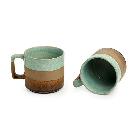 Exotic Green Hand Glazed Ceramic Studio Pottery Tri Color Green & Brown Tea & Coffe Cup I Ceramic Cup Set of 2