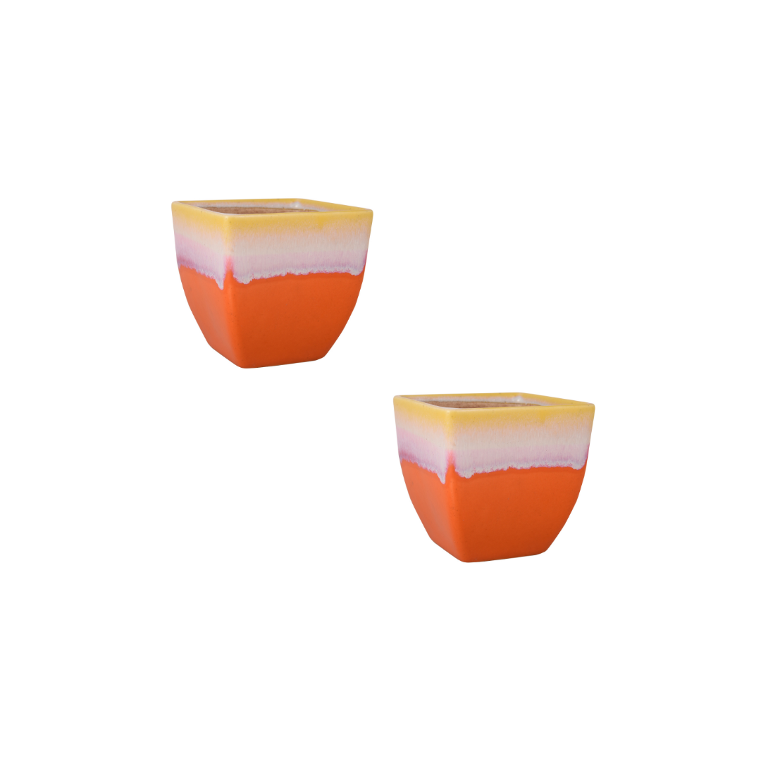 Exotic Green Dual Orange Colour Cubo Shape Ceramic Pot I Ceramic Pot for Indoor Plants I Combo Pack Set of 2