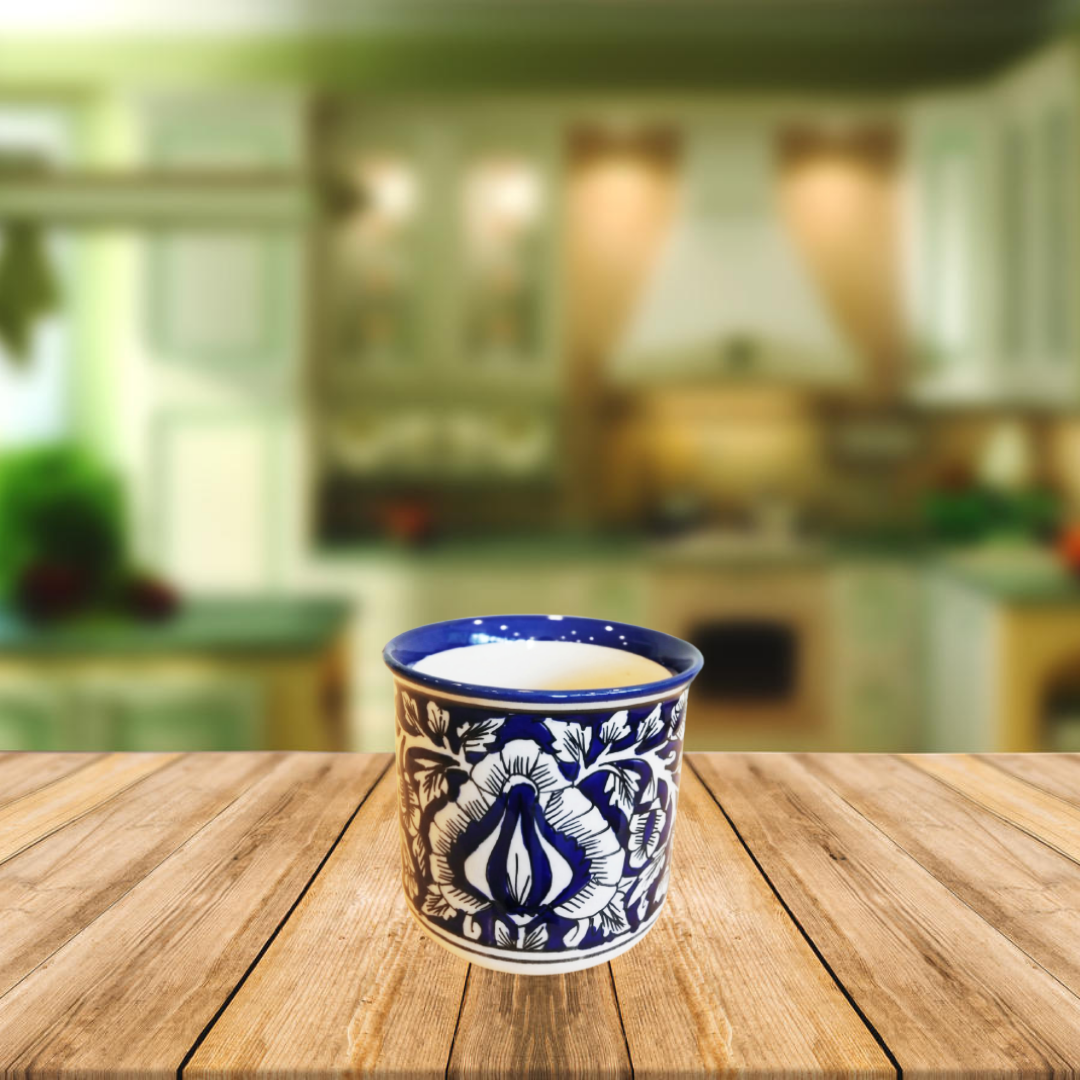 Exotic Green Mughal Floral Art Hand Painted Blue Color Ceramic Pot, Pot For Live Plants