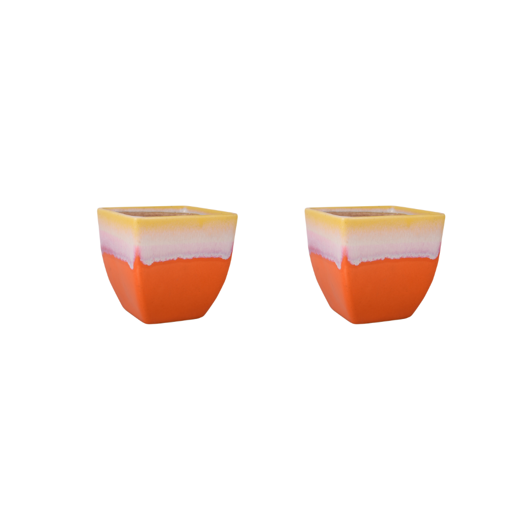 Exotic Green Dual Orange Colour Cubo Shape Ceramic Pot I Ceramic Pot for Indoor Plants I Combo Pack Set of 2