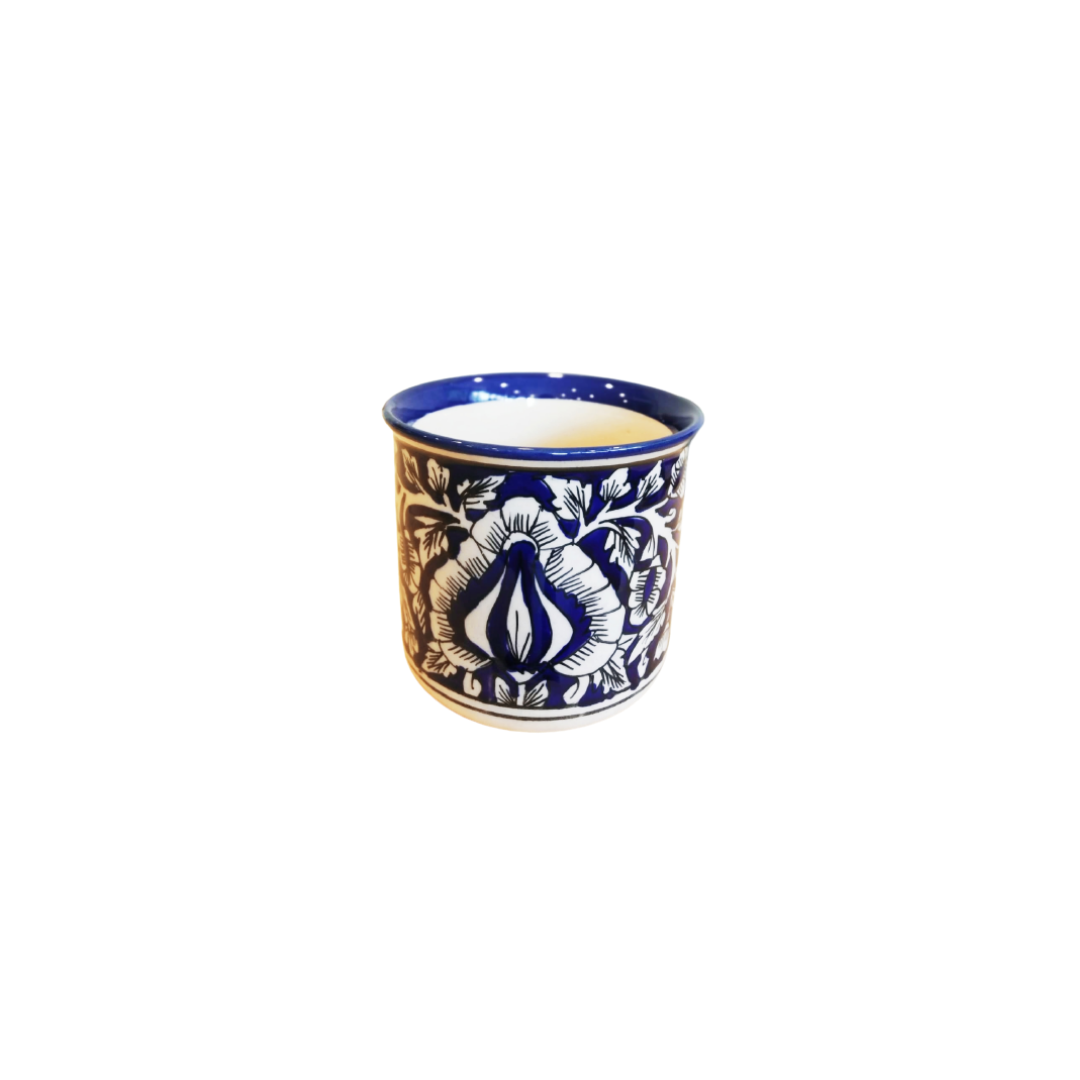 Exotic Green Mughal Floral Art Hand Painted Blue Color Ceramic Pot, Pot For Live Plants