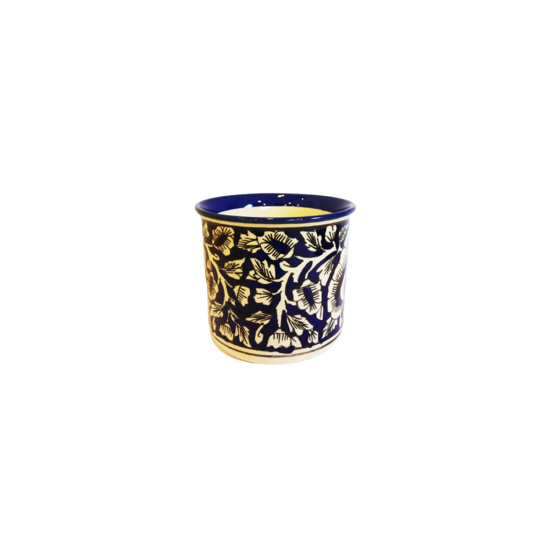 Exotic Green Mughal Floral Art Hand Painted Blue Color Ceramic Pot, Pot For Live Plants