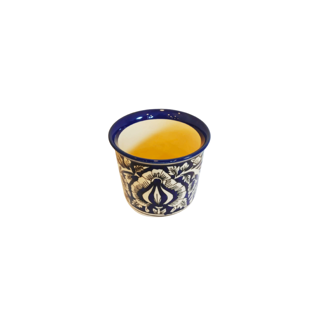 Exotic Green Mughal Floral Art Hand Painted Blue Color Ceramic Pot, Pot For Live Plants