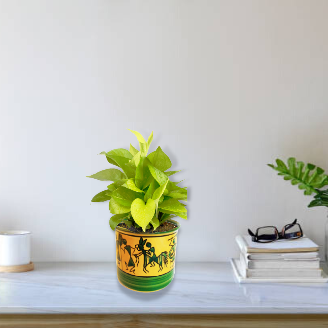 Exotic Green Worli Handmade Painted Pottery Black & Orange Ceramic Pot, Planter, Plant Container, Gamla