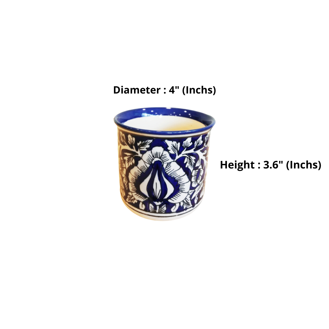 Exotic Green Mughal Floral Art Hand Painted Blue Color Ceramic Pot, Pot For Live Plants