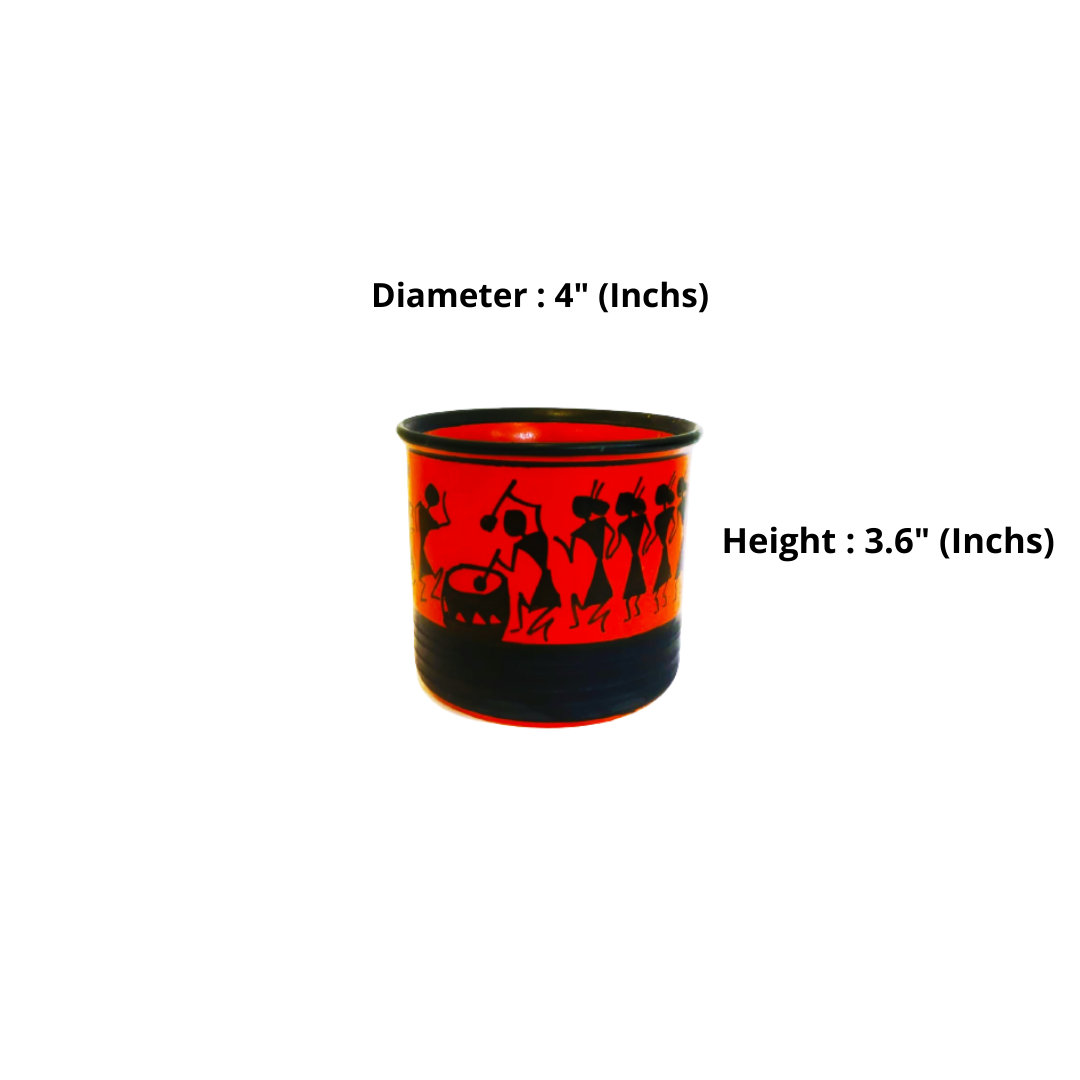 Exotic Green Worli Hand-Painted Black & Orange Color Ceramic Pot I Cearmic Pot for Live Plants I Combo Pack Set of Two