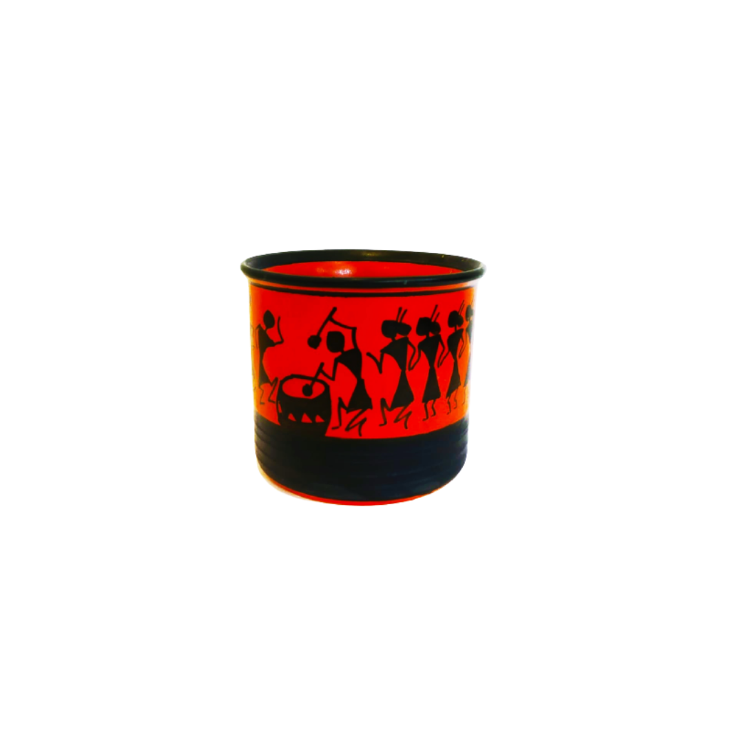 Exotic Green Worli Handmade Painted Pottery Black & Orange Ceramic Pot, Planter, Plant Container, Gamla