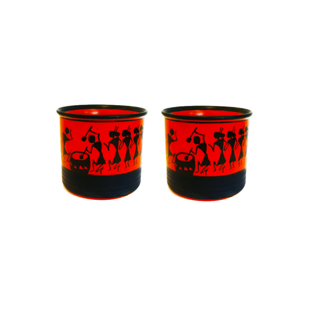 Exotic Green Worli Hand-Painted Black & Orange Color Ceramic Pot I Cearmic Pot for Live Plants I Combo Pack Set of Two