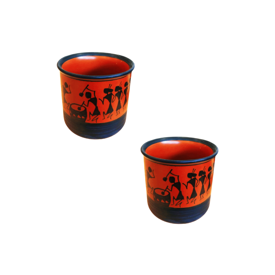 Exotic Green Worli Hand-Painted Black & Orange Color Ceramic Pot I Cearmic Pot for Live Plants I Combo Pack Set of Two