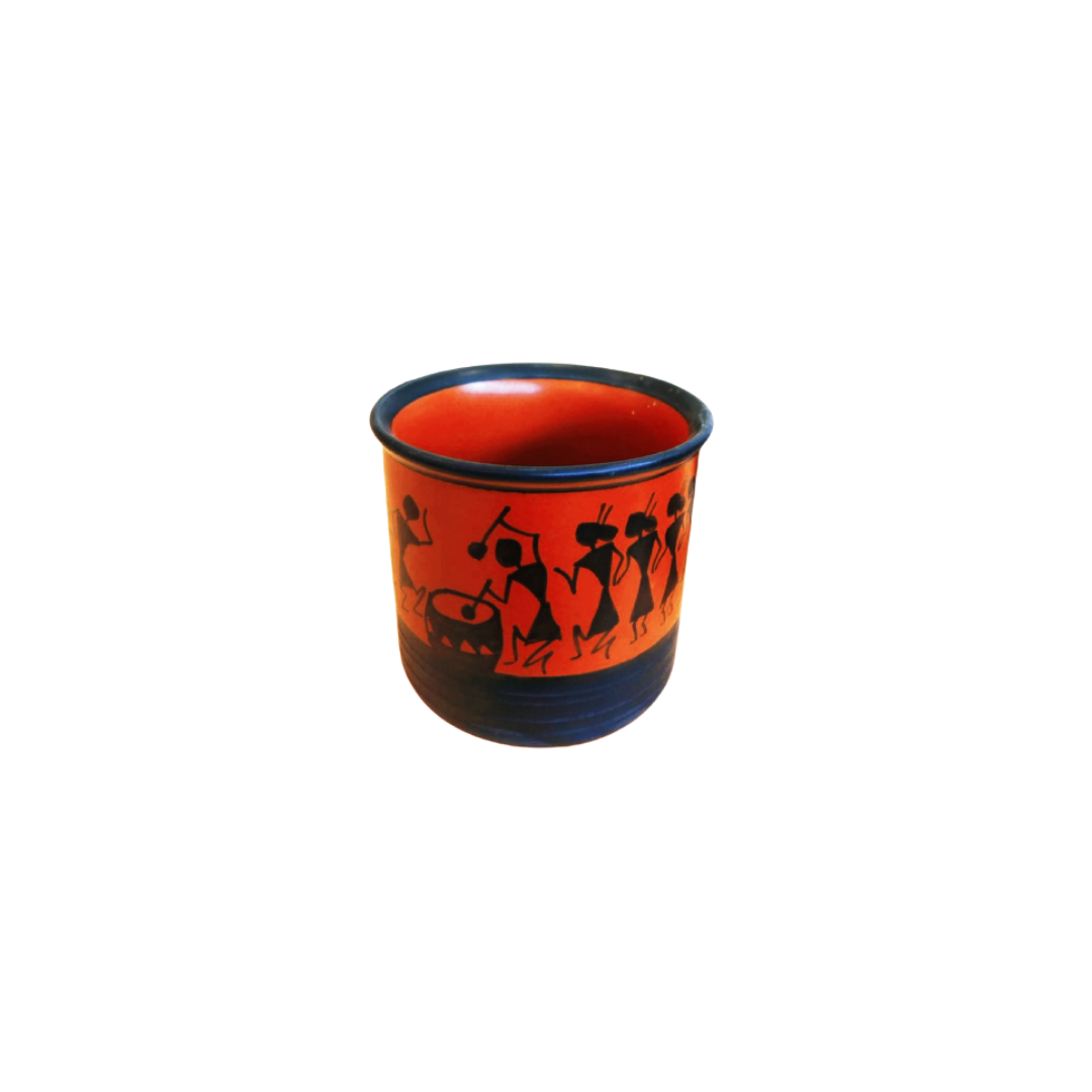 Exotic Green Worli Handmade Painted Pottery Black & Orange Ceramic Pot, Planter, Plant Container, Gamla