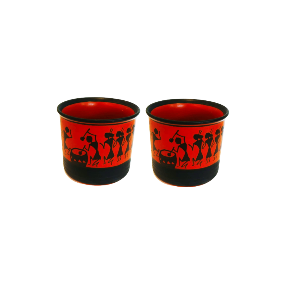 Exotic Green Worli Hand-Painted Black & Orange Color Ceramic Pot I Cearmic Pot for Live Plants I Combo Pack Set of Two
