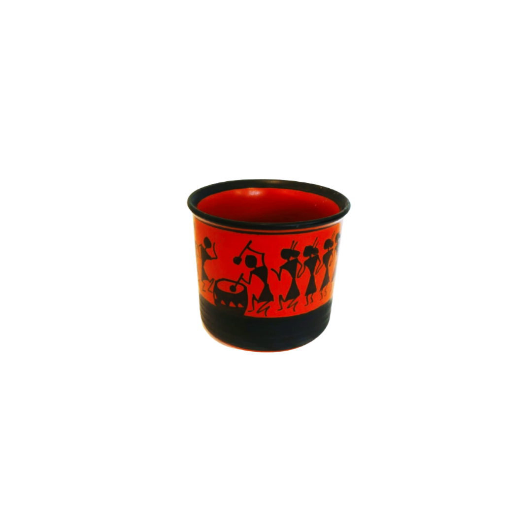 Exotic Green Worli Handmade Painted Pottery Black & Orange Ceramic Pot, Planter, Plant Container, Gamla