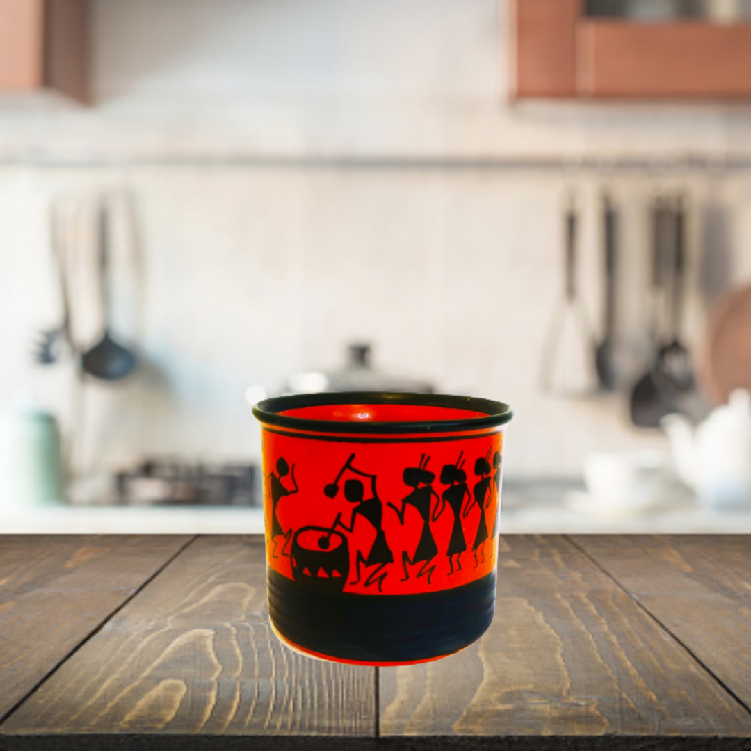 Exotic Green Worli Handmade Painted Pottery Black & Orange Ceramic Pot, Planter, Plant Container, Gamla