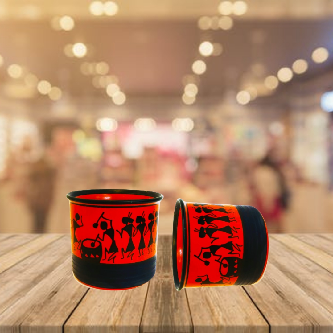 Exotic Green Worli Hand-Painted Black & Orange Color Ceramic Pot I Cearmic Pot for Live Plants I Combo Pack Set of Two