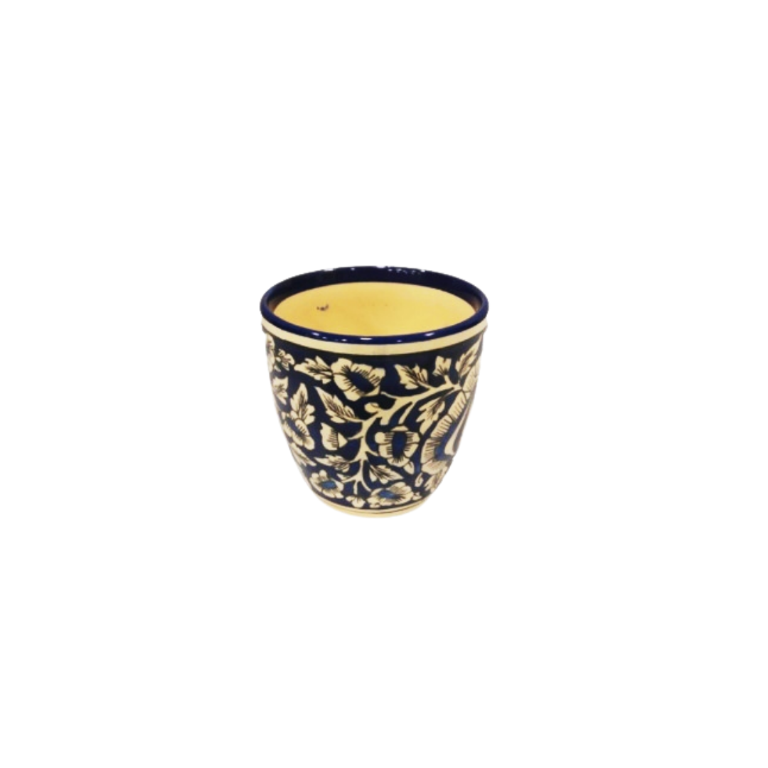 Exotic Green Mughal Floral Art Hand-Painted Ceramic Blue Color Pot for Live Plants