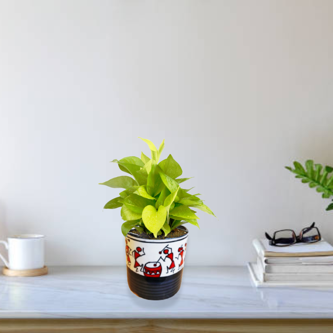 Exotic Green Handmade Worli Hand Painted Pot, Black & White Ceramic Pottery, Planter, Plant Container, Black & White