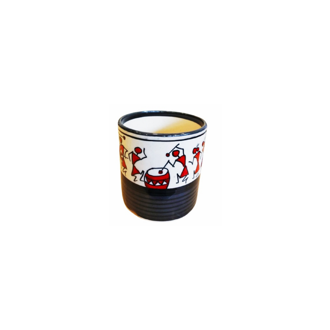 Exotic Green Handmade Worli Hand Painted Pot, Black & White Ceramic Pottery, Planter, Plant Container, Black & White