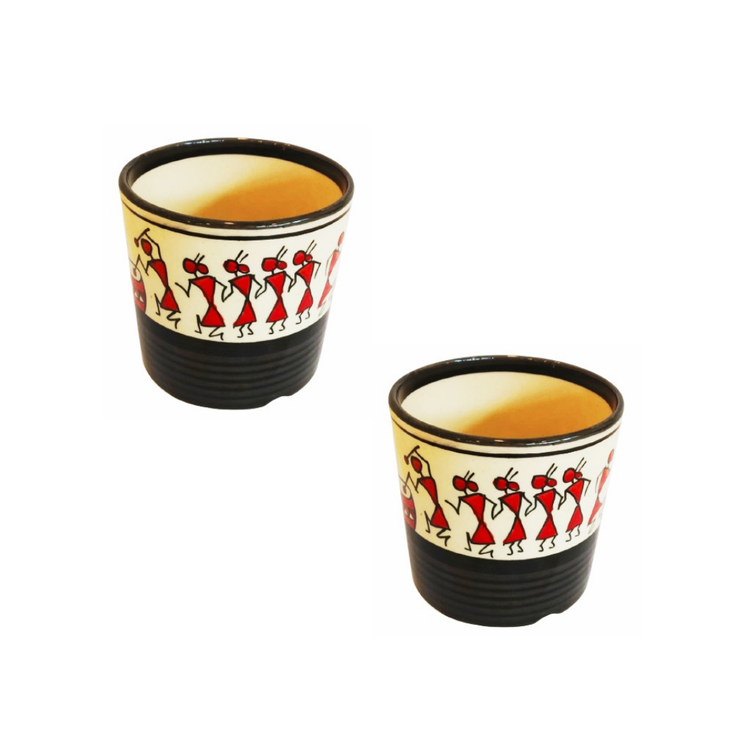 Exotic Green Handmade Worli Hand-Painted Ceramic Pot Black & White Color I Pot for Live Plants I Combo Pack Set of 2