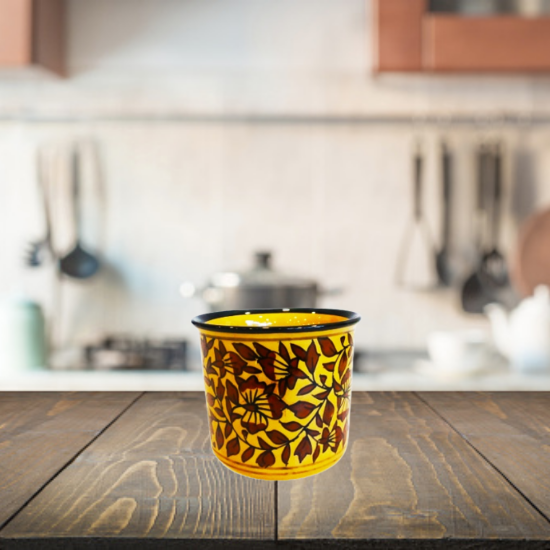 Exotic Green Mughal Floral Art Handmade Printed Pottery Yellow & Brown Ceramic Pot, Planter, Plant Container, Gamla