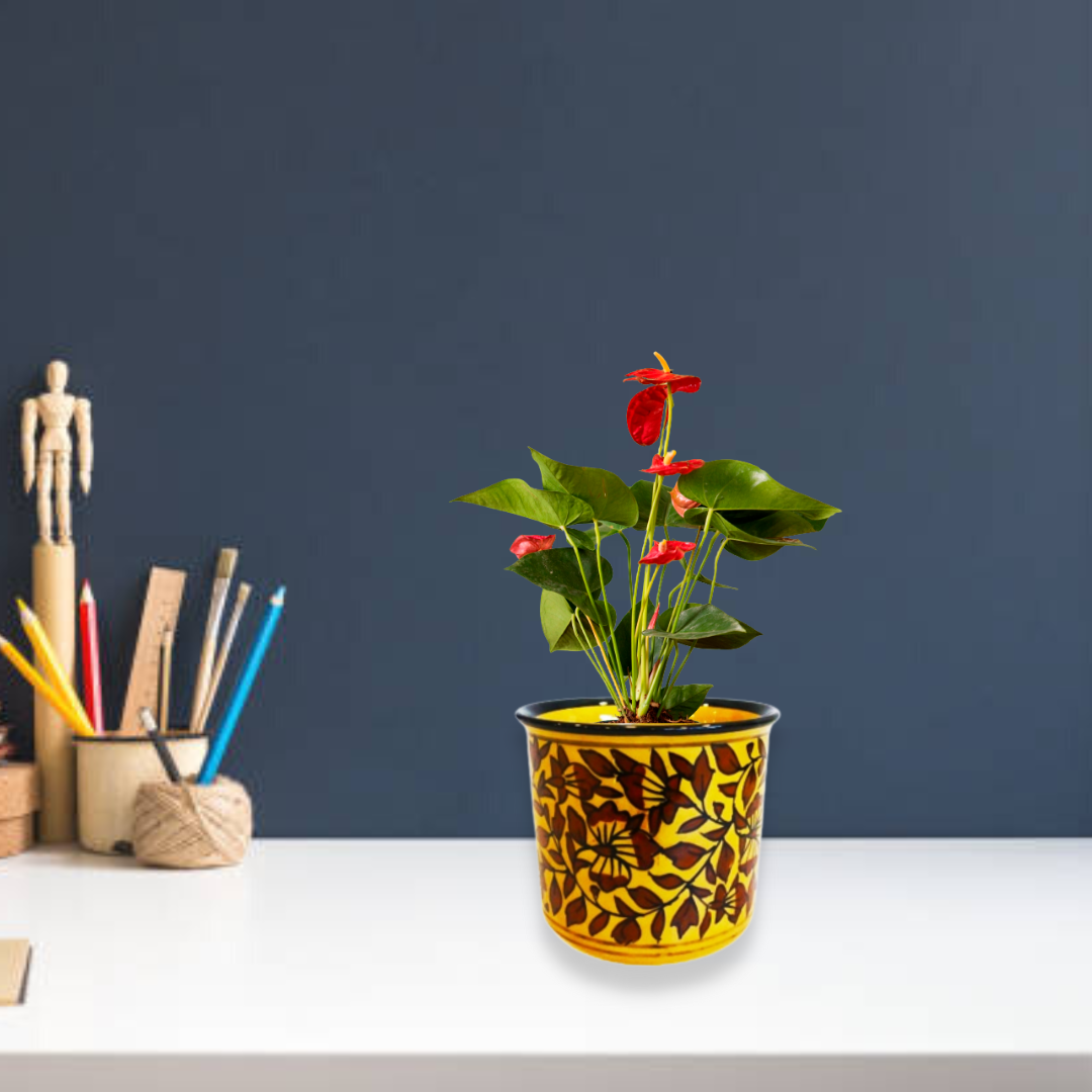 Exotic Green Mughal Floral Art Handmade Printed Pottery Yellow & Brown Ceramic Pot, Planter, Plant Container, Gamla