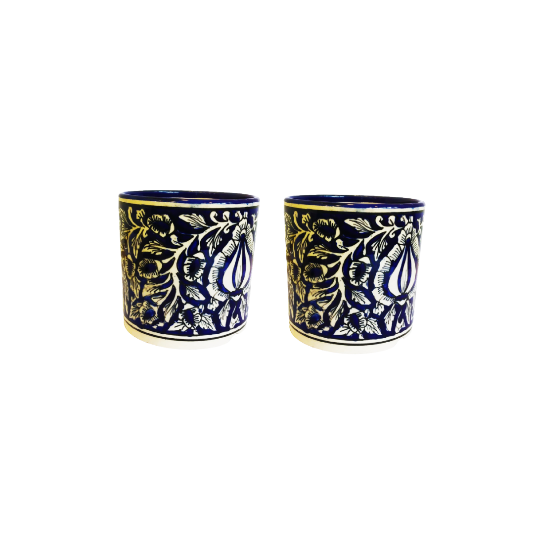 Exotic Green Mughal Floral Art Hand-Painted Blue Colour Ceramic Pot I Pot for Live Plants I Combo Pack Set of 2