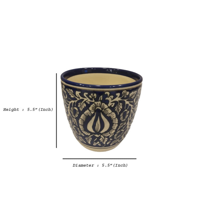 Exotic Green Mughal Floral Art Hand-Painted Ceramic Blue Color Pot for Live Plants