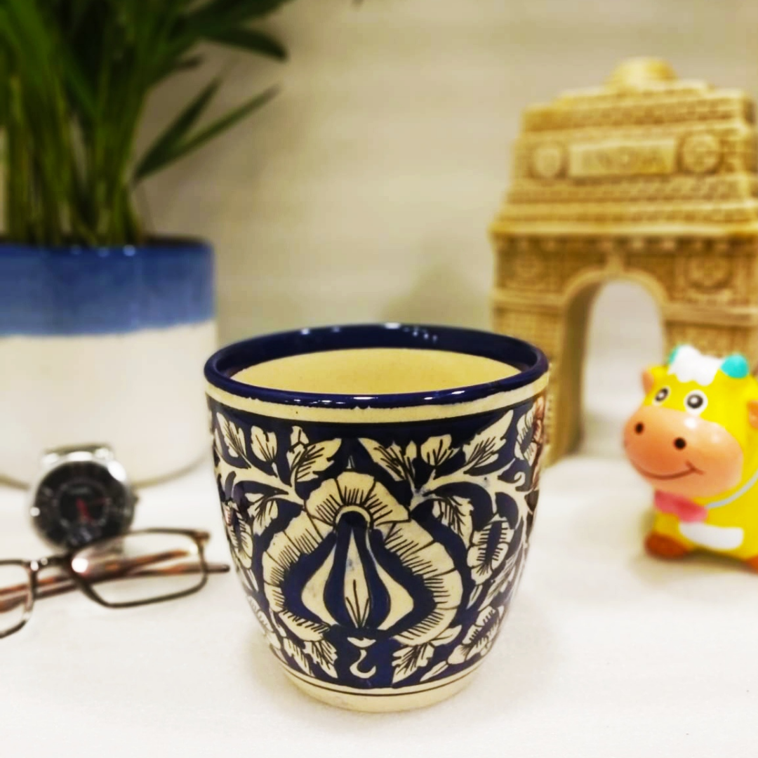 Exotic Green Mughal Floral Art Handmade Printed Pottery Blue Ceramic Pot, Planter, Plant Container, Gamla