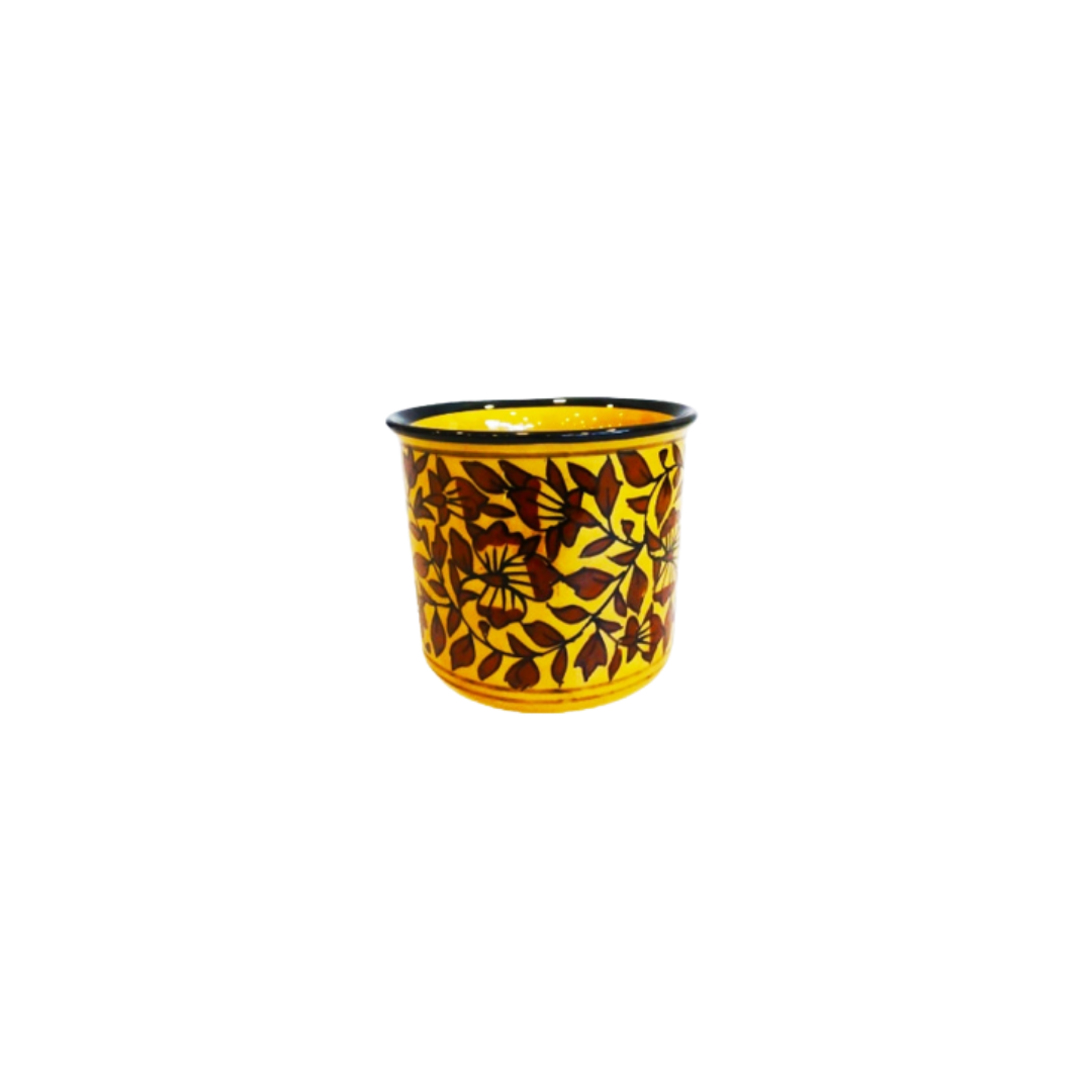 Exotic Green Mughal Floral Art Handmade Printed Pottery Yellow & Brown Ceramic Pot, Planter, Plant Container, Gamla