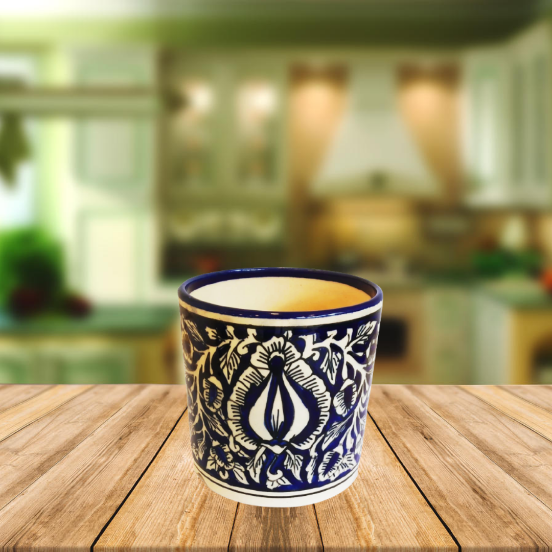 Exotic Green Mughal Floral Art Hand painted Blue Colour Ceramic Planter/ Pot for Live Plants