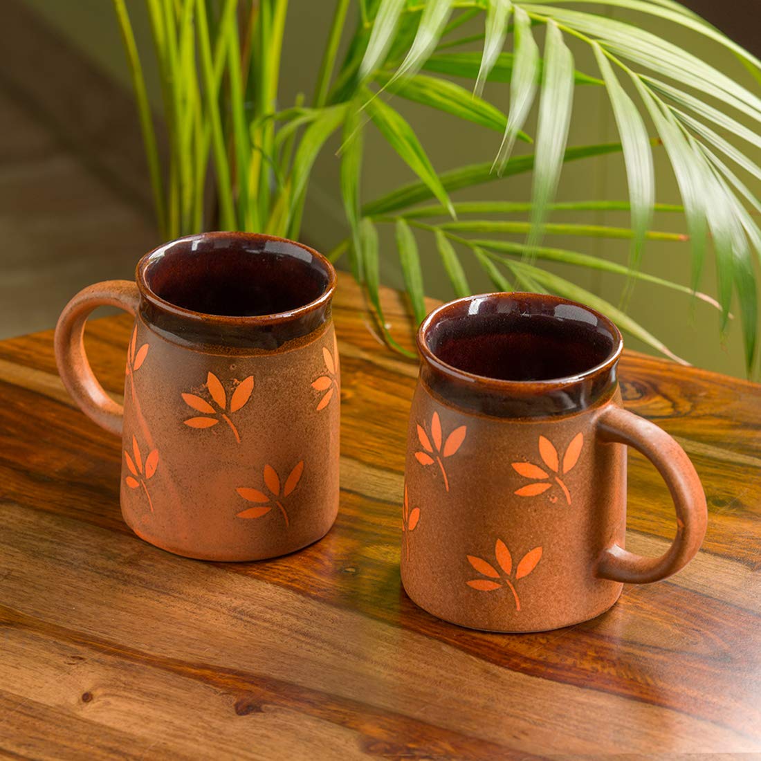 Exotic Green Handglazed & Leaf Pattern Handpainted Ceramic Coffee & Tea Mugs Set I Ceramic Coffee Mugs Set of 2