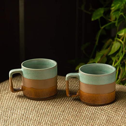 Exotic Green Hand Glazed Ceramic Studio Pottery Tri Color Green & Brown Tea & Coffe Cup I Ceramic Cup Set of 2