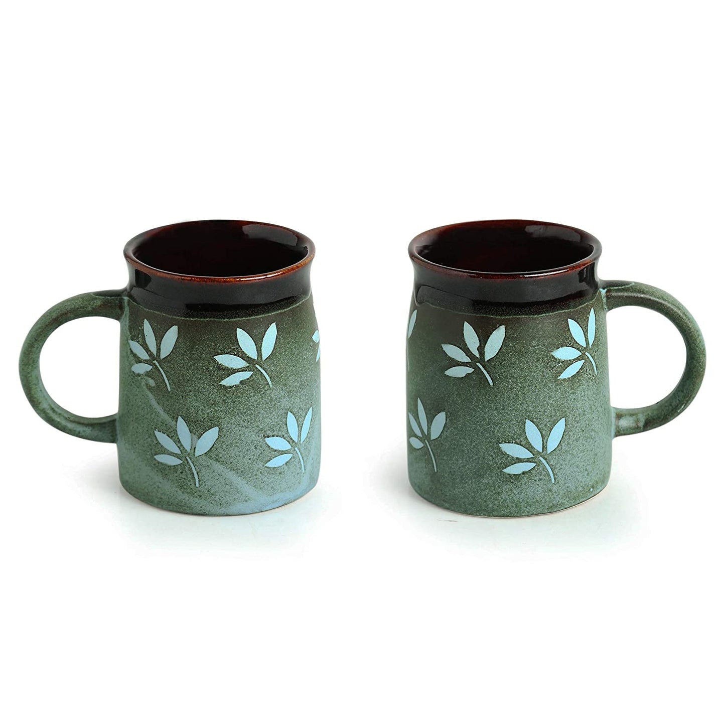 Exotic Green Handglazed & Leaf Pattern Handpainted Ceramic Coffee & Tea Mugs Set I Ceramic Coffee Mugs Set of 2