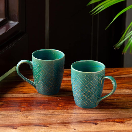 Exotic Green 'Moroccan Turqouise' Hand Glazed & Embossed Ceramic Coffee Mug Set of 2 Ceramic Mugs Tea Mugs