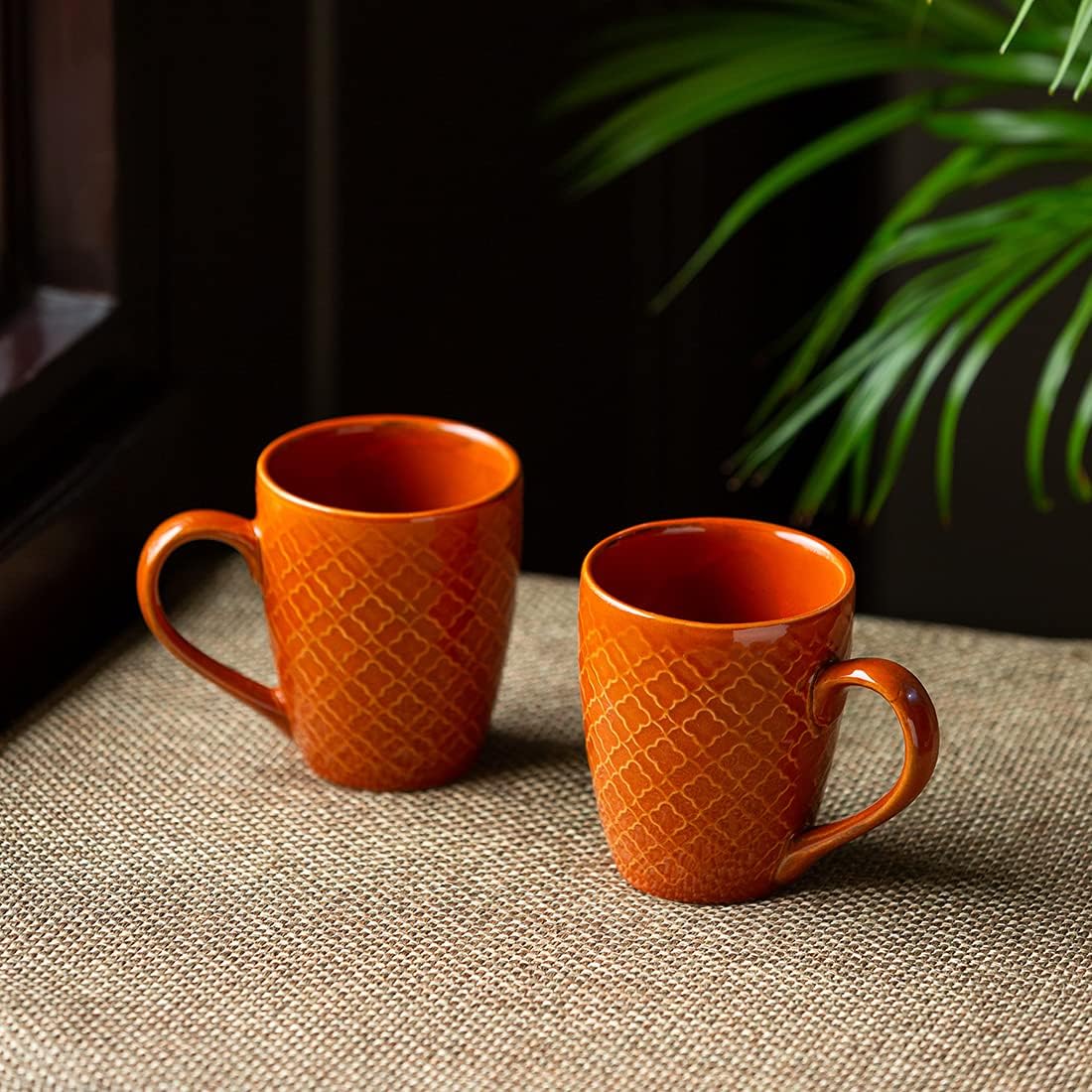 Exotic Green 'Moroccan Turqouise' Hand Glazed & Embossed Ceramic Coffee Mug Set of 2 Ceramic Mugs Tea Mugs