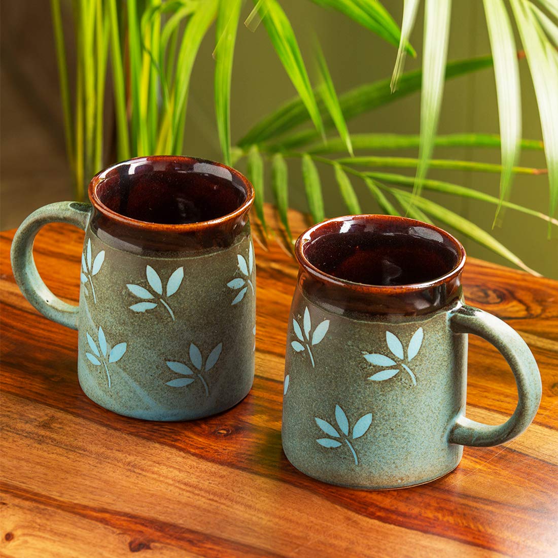 Exotic Green Handglazed & Leaf Pattern Handpainted Ceramic Coffee & Tea Mugs Set I Ceramic Coffee Mugs Set of 2