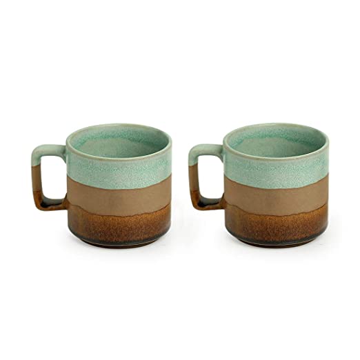 Exotic Green Hand Glazed Ceramic Studio Pottery Tri Color Green & Brown Tea & Coffe Cup I Ceramic Cup Set of 2