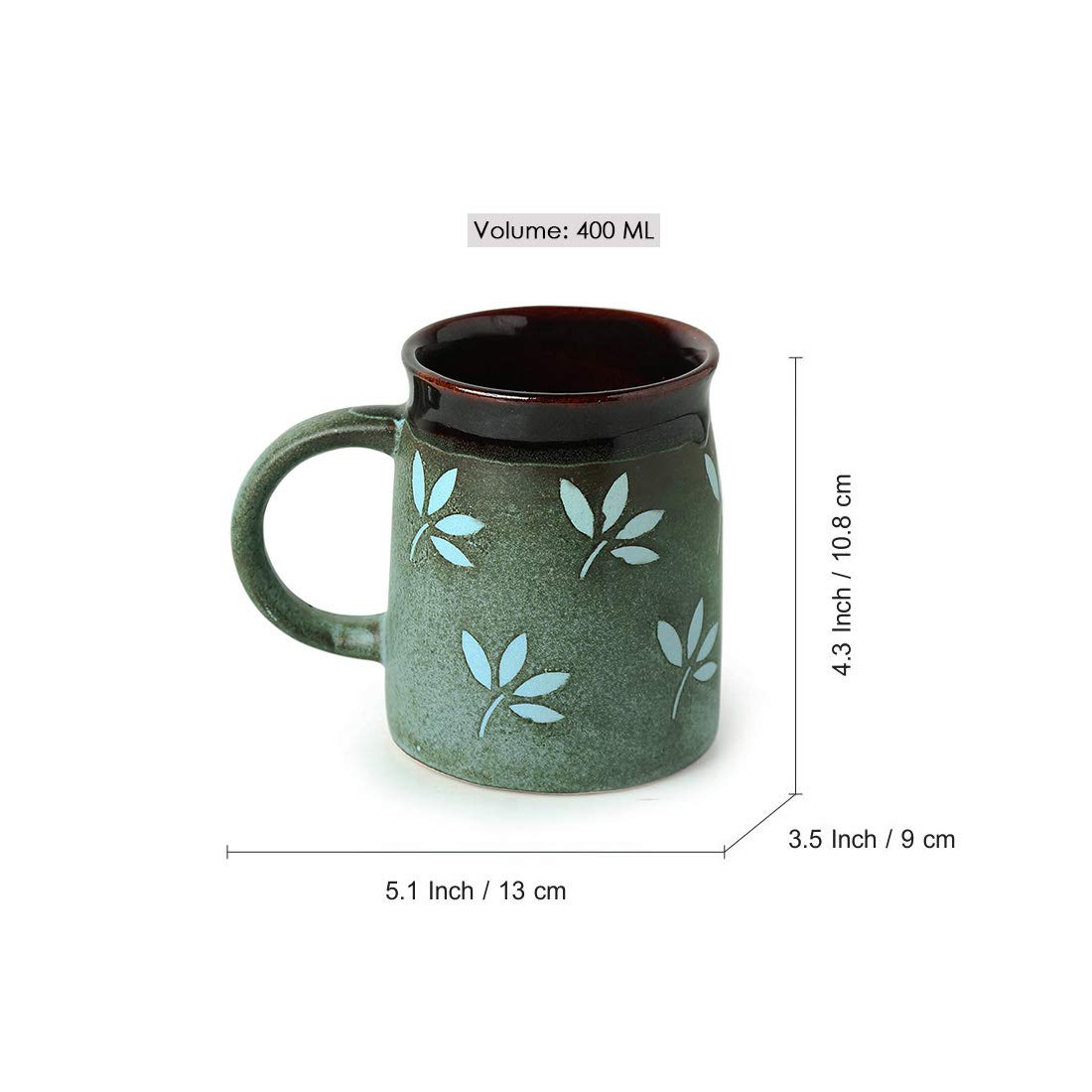 Exotic Green Handglazed & Leaf Pattern Handpainted Ceramic Coffee & Tea Mugs Set I Ceramic Coffee Mugs Set of 2