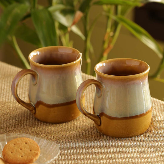Exotic Green Dual-Glazed Studio Pottery Serving Tea & Coffee Ceramic Mugs Set of 2