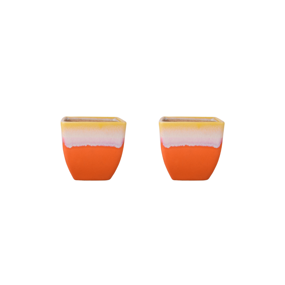 Exotic Green Dual Orange Colour Cubo Shape Ceramic Pot I Ceramic Pot for Indoor Plants I Combo Pack Set of 2