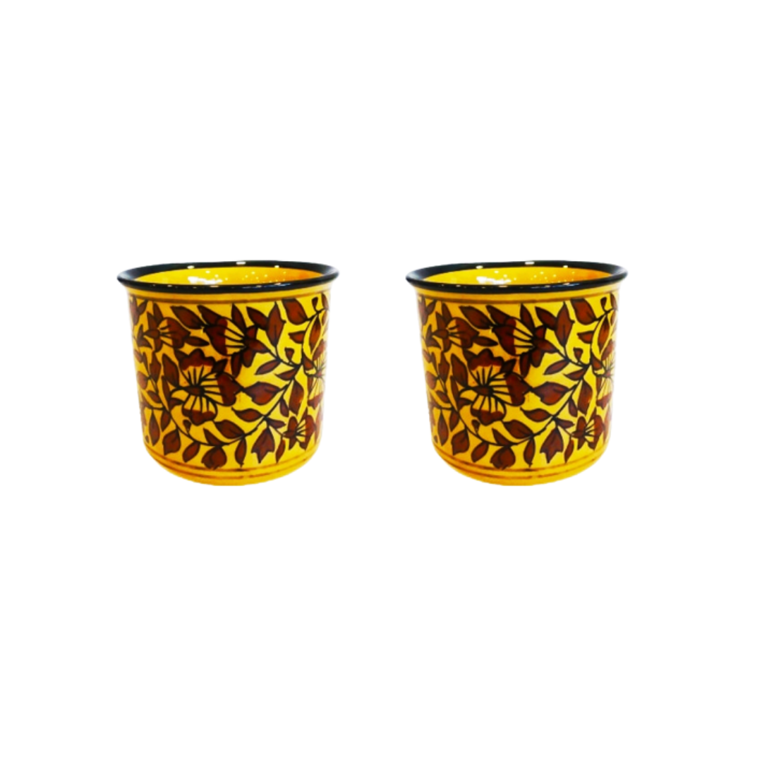 Exotic Green Mughal Floral Art Hand-Painted Ceramic Pottery Yellow & Brown Pot I Ceramic Pot for Live Plants I (Combo Pack Set of 2)