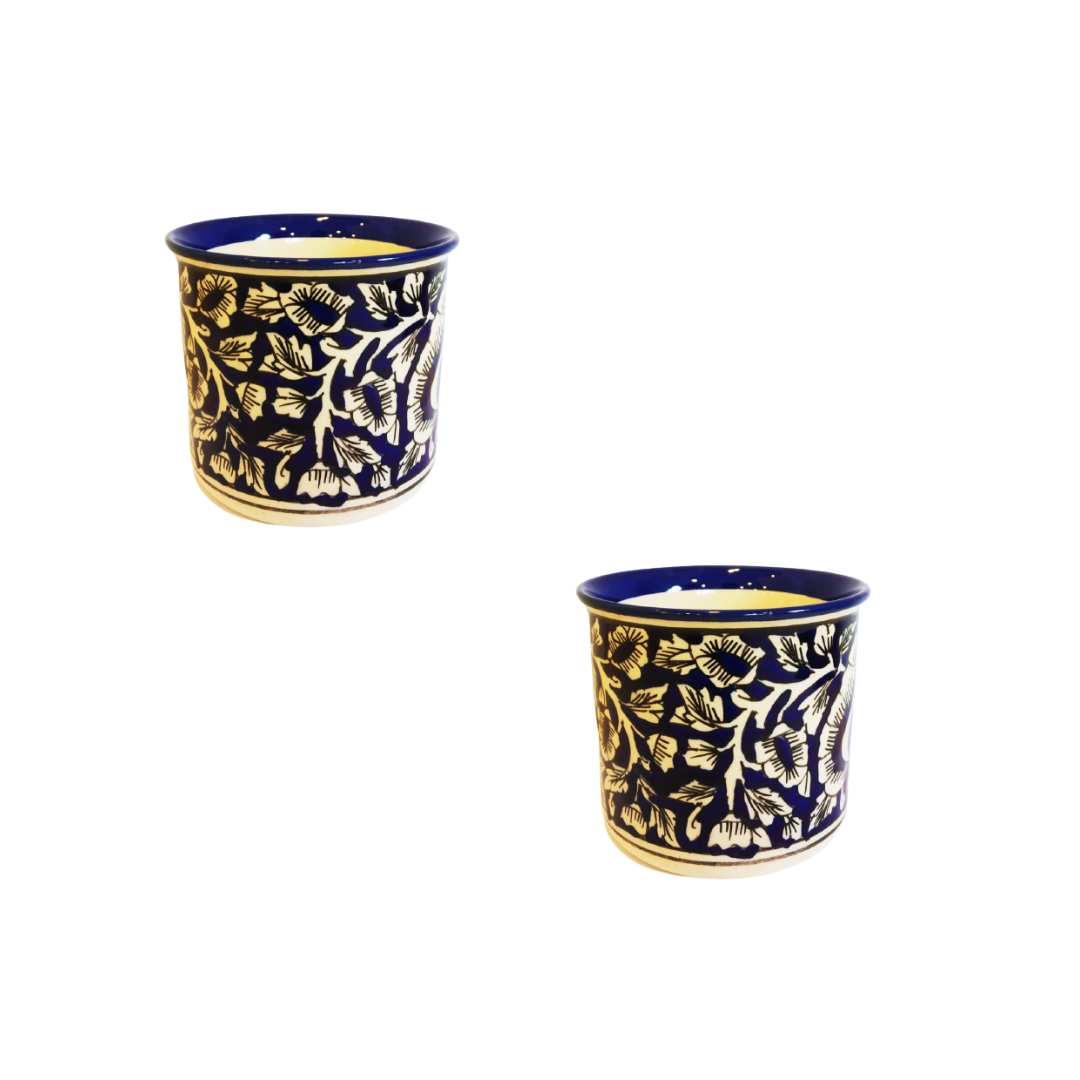 Exotic Green Mughal Floral Art Hand-Painted Ceramic Blue Color Pot I Pot For Live Plants I Combo Pack Set of 2