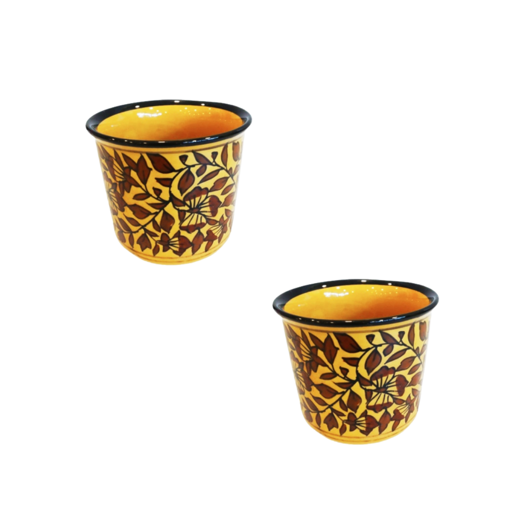 Exotic Green Mughal Floral Art Hand-Painted Ceramic Pottery Yellow & Brown Pot I Ceramic Pot for Live Plants I (Combo Pack Set of 2)