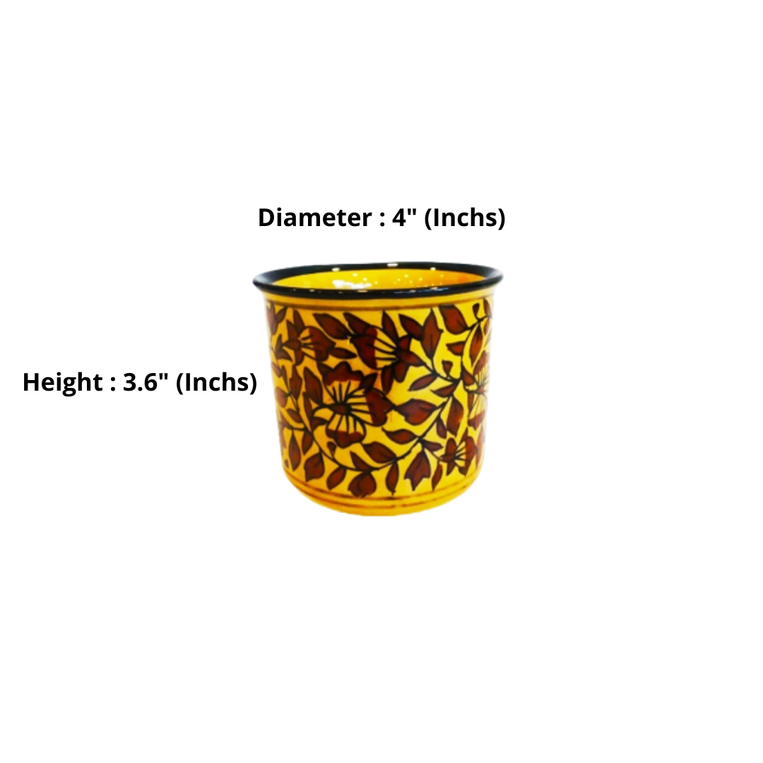 Exotic Green Mughal Floral Art Handmade Printed Pottery Yellow & Brown Ceramic Pot, Planter, Plant Container, Gamla