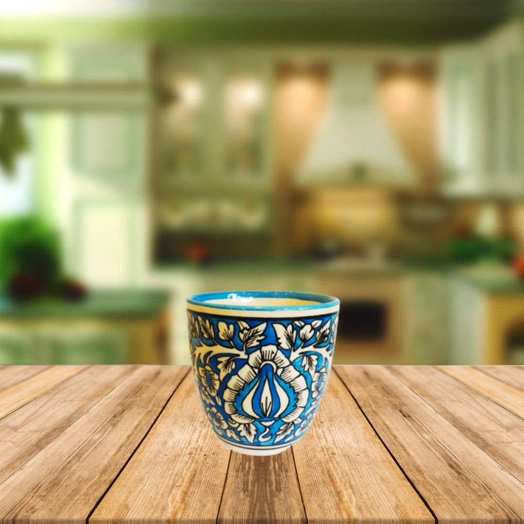 Exotic Green Mughal Floral Art Handmade Printed Pottery Blue Ceramic Pot, Planter, Plant Container, Gamla