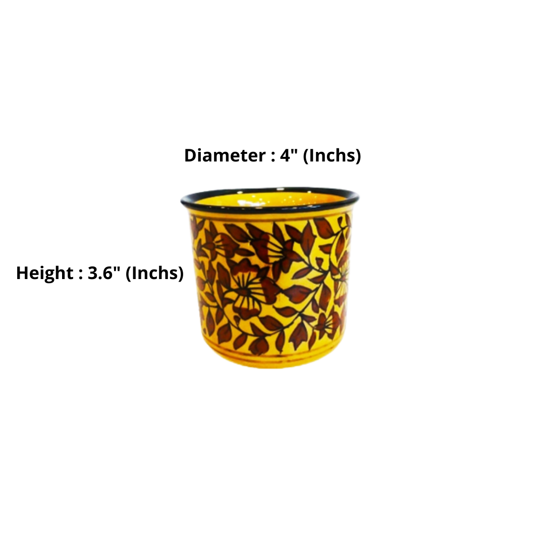 Exotic Green Mughal Floral Art Hand-Painted Ceramic Pottery Yellow & Brown Pot I Ceramic Pot for Live Plants I (Combo Pack Set of 2)