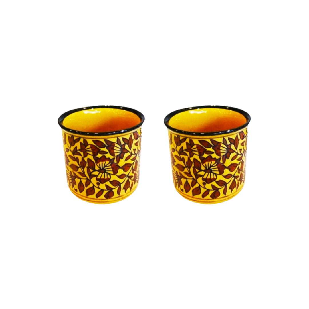 Exotic Green Mughal Floral Art Hand-Painted Ceramic Pottery Yellow & Brown Pot I Ceramic Pot for Live Plants I (Combo Pack Set of 2)