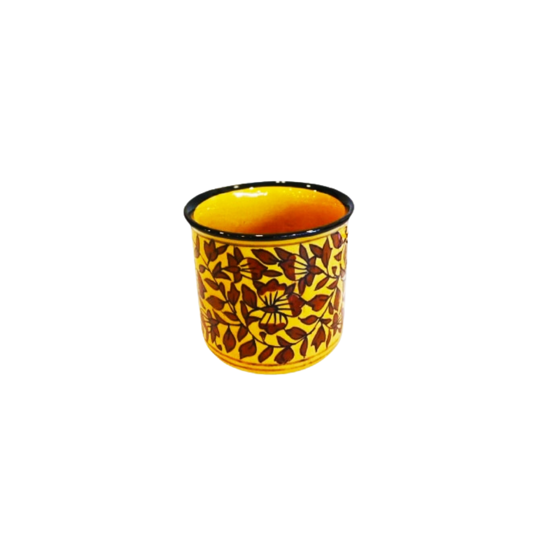 Exotic Green Mughal Floral Art Handmade Printed Pottery Yellow & Brown Ceramic Pot, Planter, Plant Container, Gamla
