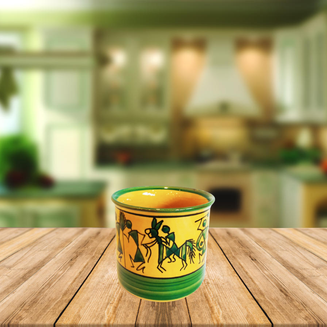 Exotic Green Worli Handmade Painted Pottery Black & Orange Ceramic Pot, Planter, Plant Container, Gamla